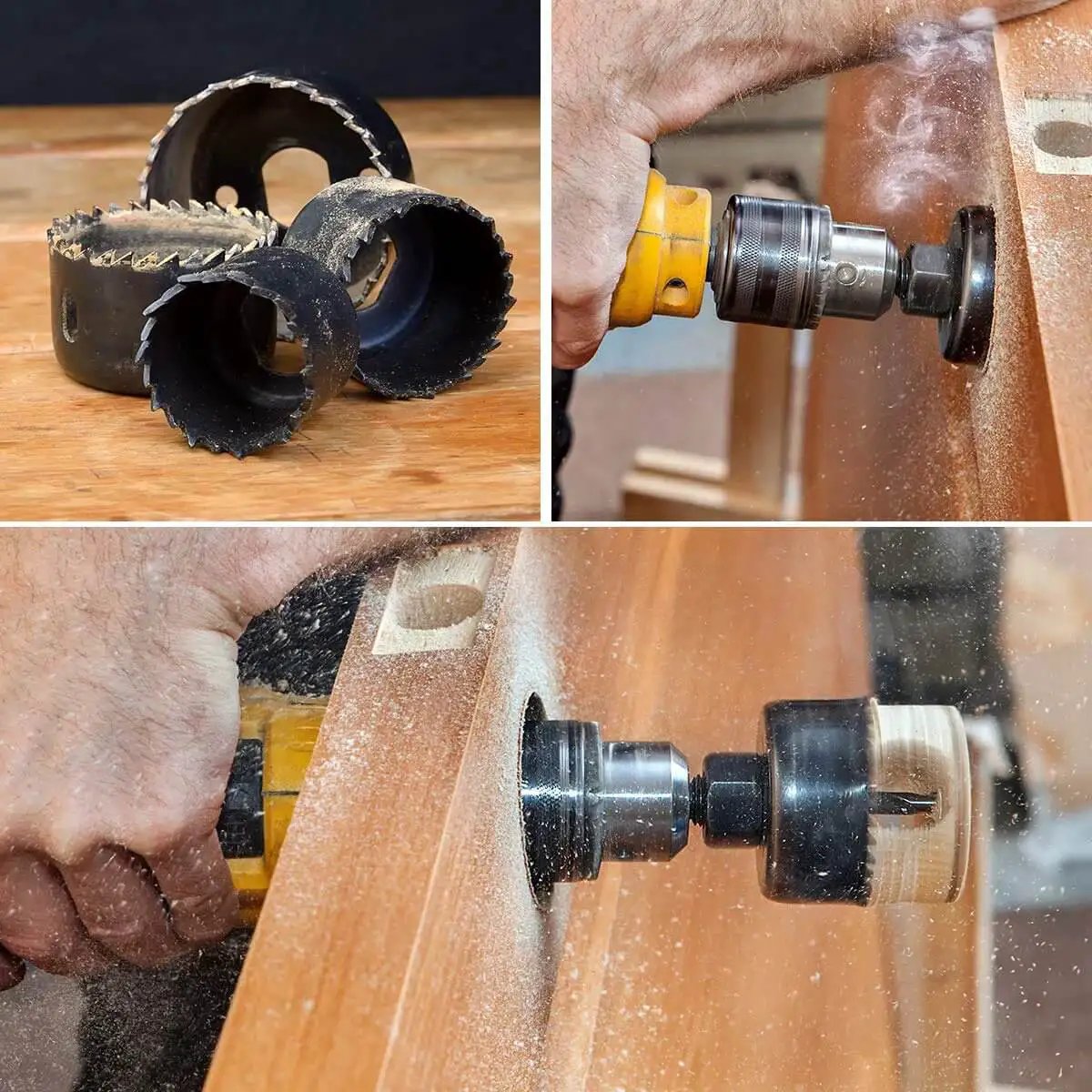 22 Piece Hole Saw Kit For Fast Clean Cuts From Three Quarters Of An Inch To Five Inches Includes 13 Saw Blades 2 Mandrels 2 Drill Bits Hex Key And Storage Box Ideal For Soft Wood Plywood Drywall And PVC Projects in use.
