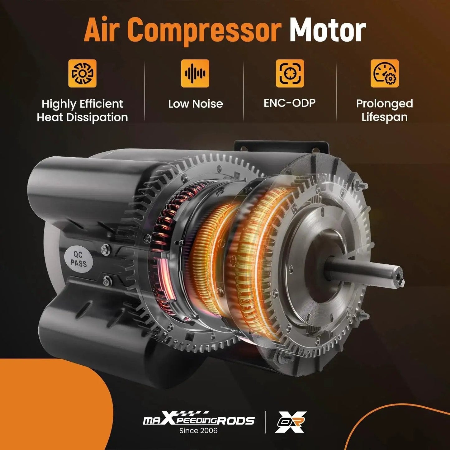 Beefy 5HP SPL Air Compressor Electric Motor showcasing cutaway view, highlighting heat dissipation and parts, for air compressors use.