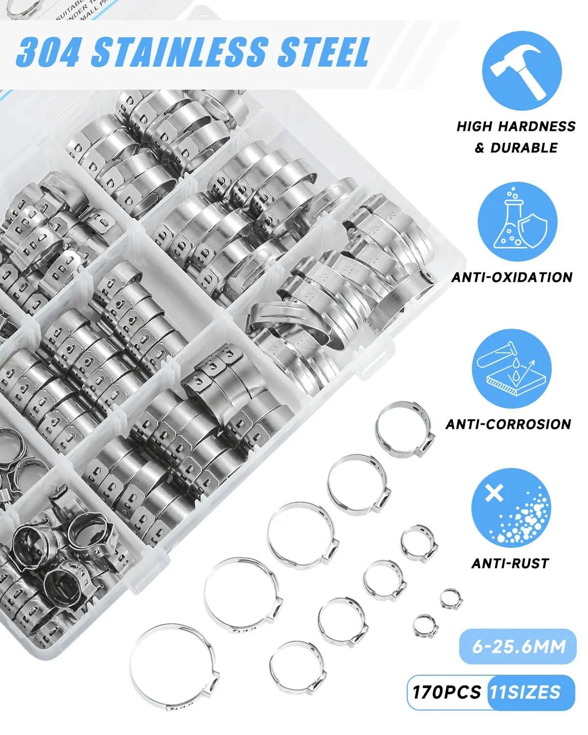 170 Pcs 304 Stainless Steel Single Ear Hose Clamp Set With Ear Clamp Pincer 11 Sizes From Six To Twenty Five Point Six Millimeter