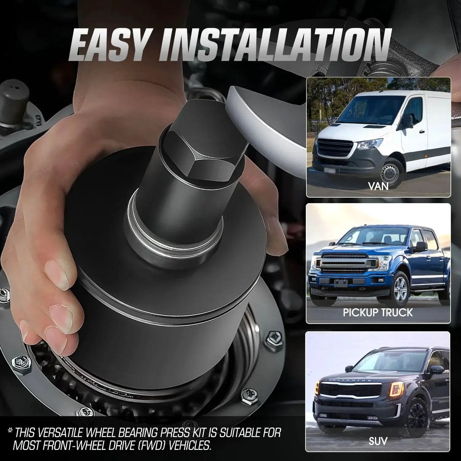 19 Piece Front Wheel Bearing Press Kit with Bearing Puller Tools, close-up on removal tool, compatible with van, SUV, truck