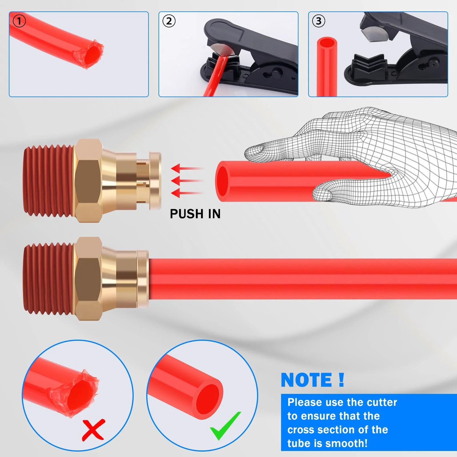 Brass DOT Air Line Fittings Kit With 100 Feet Of One Quarter Inch Red DOT Air Line Hose And 50 Feet Of Three Eighths Inch Red DOT Air Line Hose All In One Push Lock Quick Connect Set showing hose insertion and cutting instructions