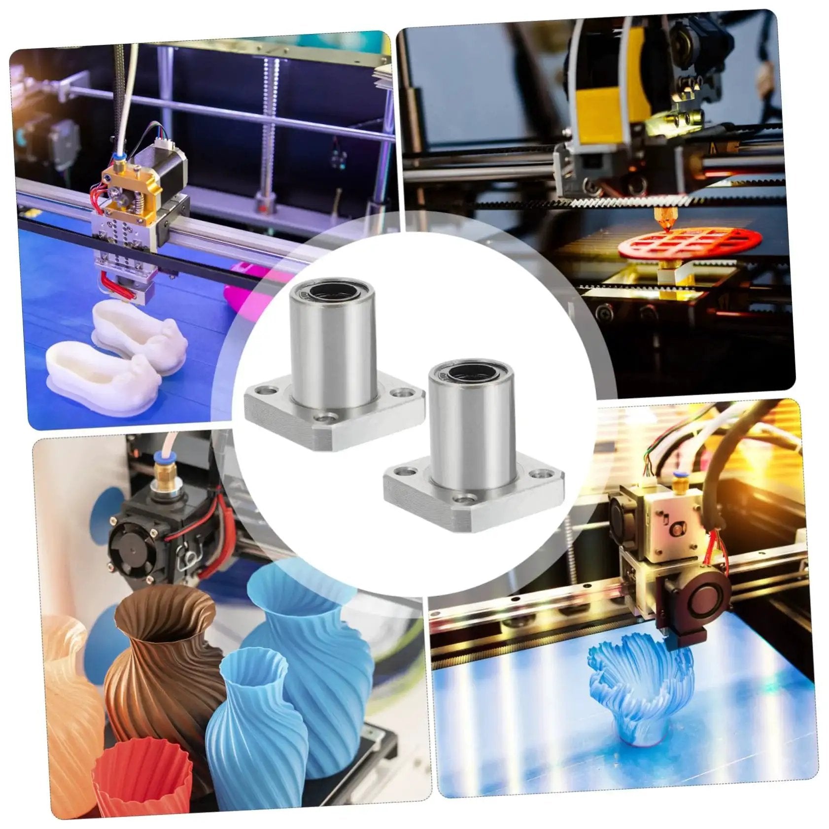 Two Pack Flange Linear Bearings for 3D Printers in use with 3D printer scenes, enhancing rod guide precision and reducing vibration.