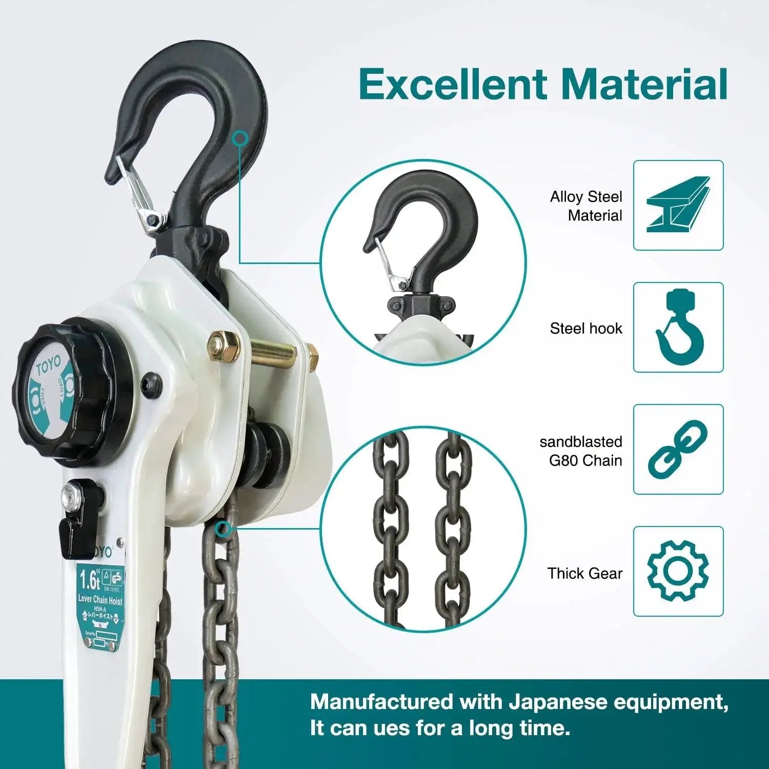 Lever Chain Hoist 3500 Lbs 20 Ft With G80 Alloy Chain And 2 Heavy Duty Hooks shown with material details