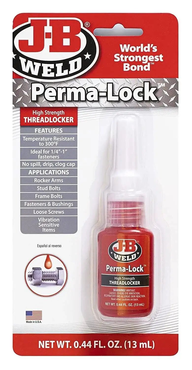 Red High Strength Threadlocker For Locking And Sealing Threaded Fasteners In Mechanical Parts And Heavy Duty Applications Trusted By Builders Mechanics And Repair Pros To Prevent Loosening From Severe Shock And Vibration J B Weld Perma Lock 27113 13 Ml bottle in packaging