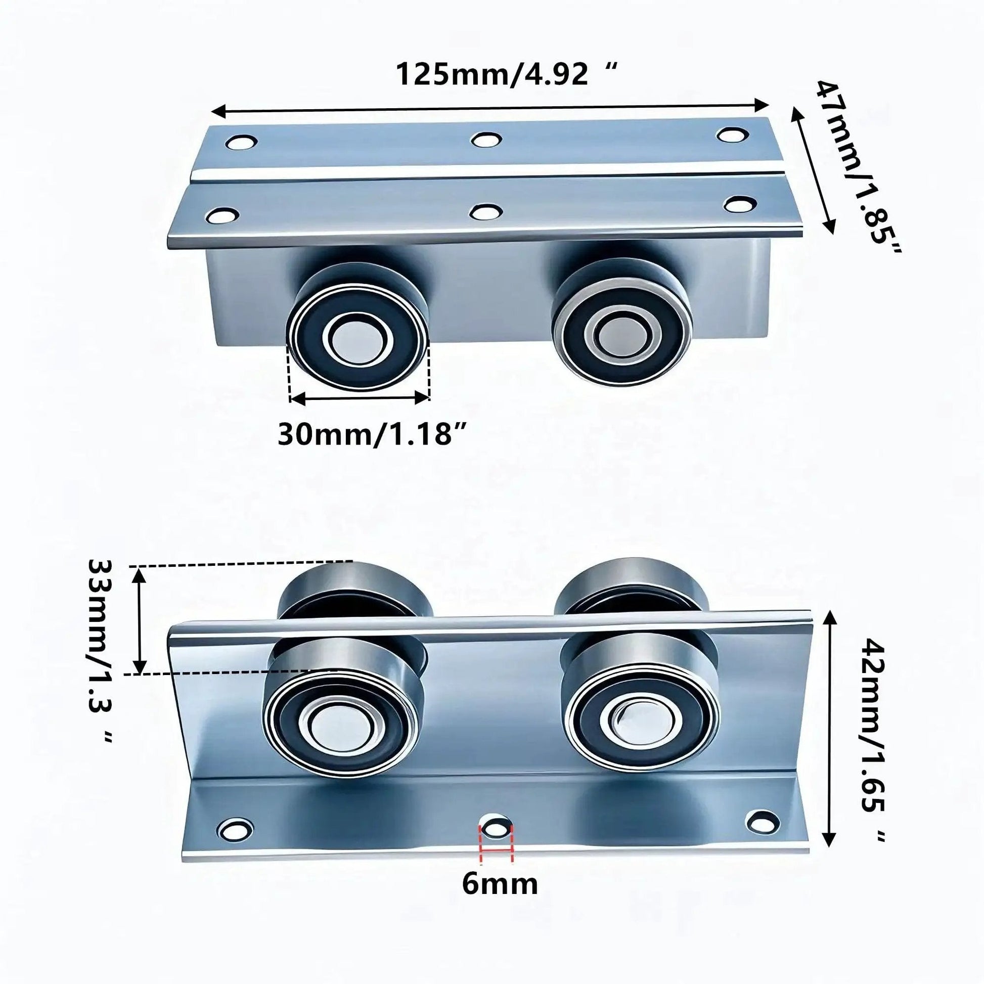 Heavy Duty 4 Wheel Unistrut Trolley Assembly For Barn And Shed Sliding Doors, Compatible With 1 And 5 Eighths Inch Wide Or Taller Strut Channel, Galvanized Steel For Durability And Corrosion Resistance, High Load Bearing Roller Kit, 4 Packs - top and side view dimensions showing galvanized steel wheels and brackets.