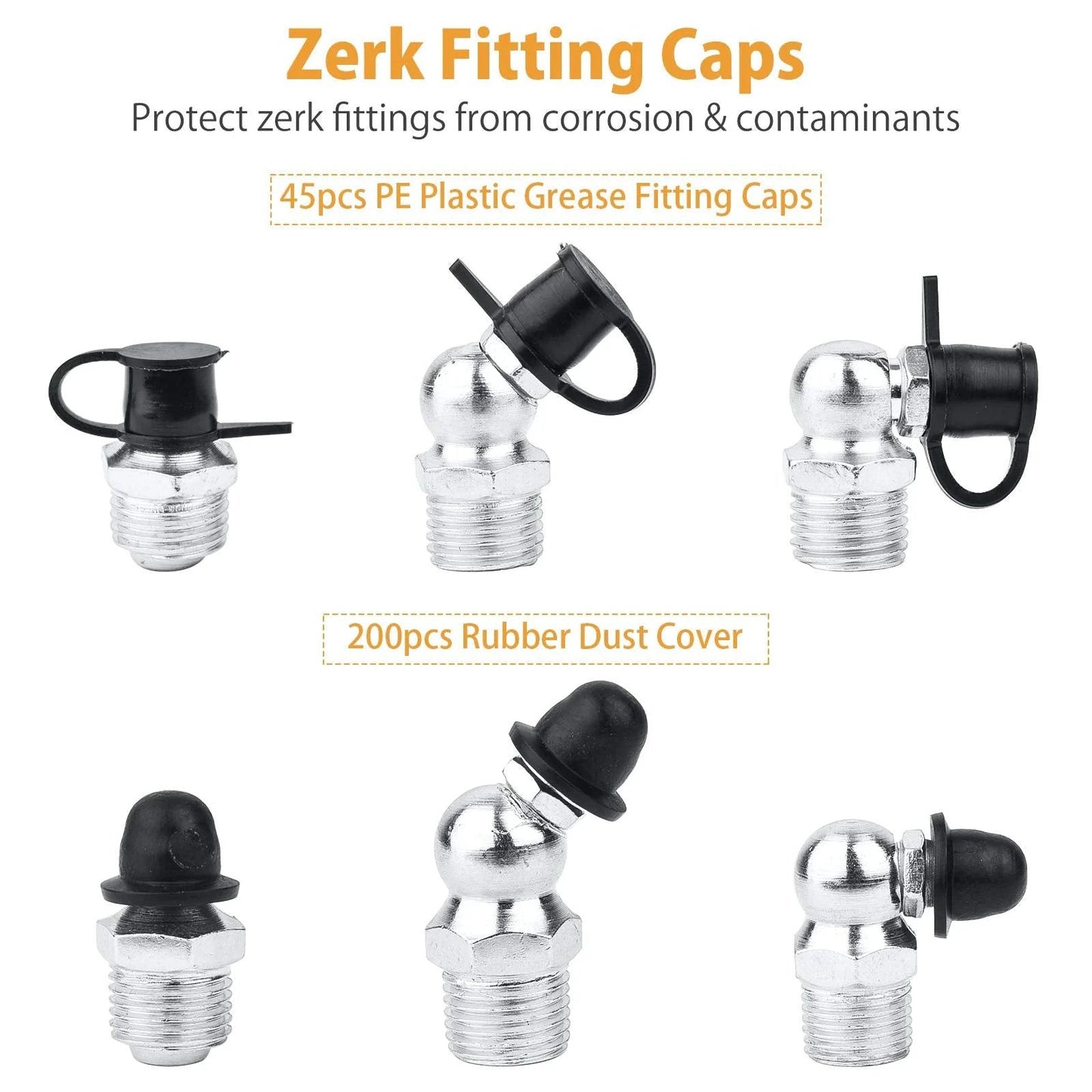 Assorted zerk fitting caps, includes 45 PE plastic and 200 rubber covers for Grease Fittings Kit With Caps Pro Grade SAE And Metric Zerk All In One Assortment 490 Pieces For Grease Gun One Quarter One Eighth M6 M10 Straight 45 Degree And 90 Degree Zerks Zinc Plated Steel Caps Rust Resistant.