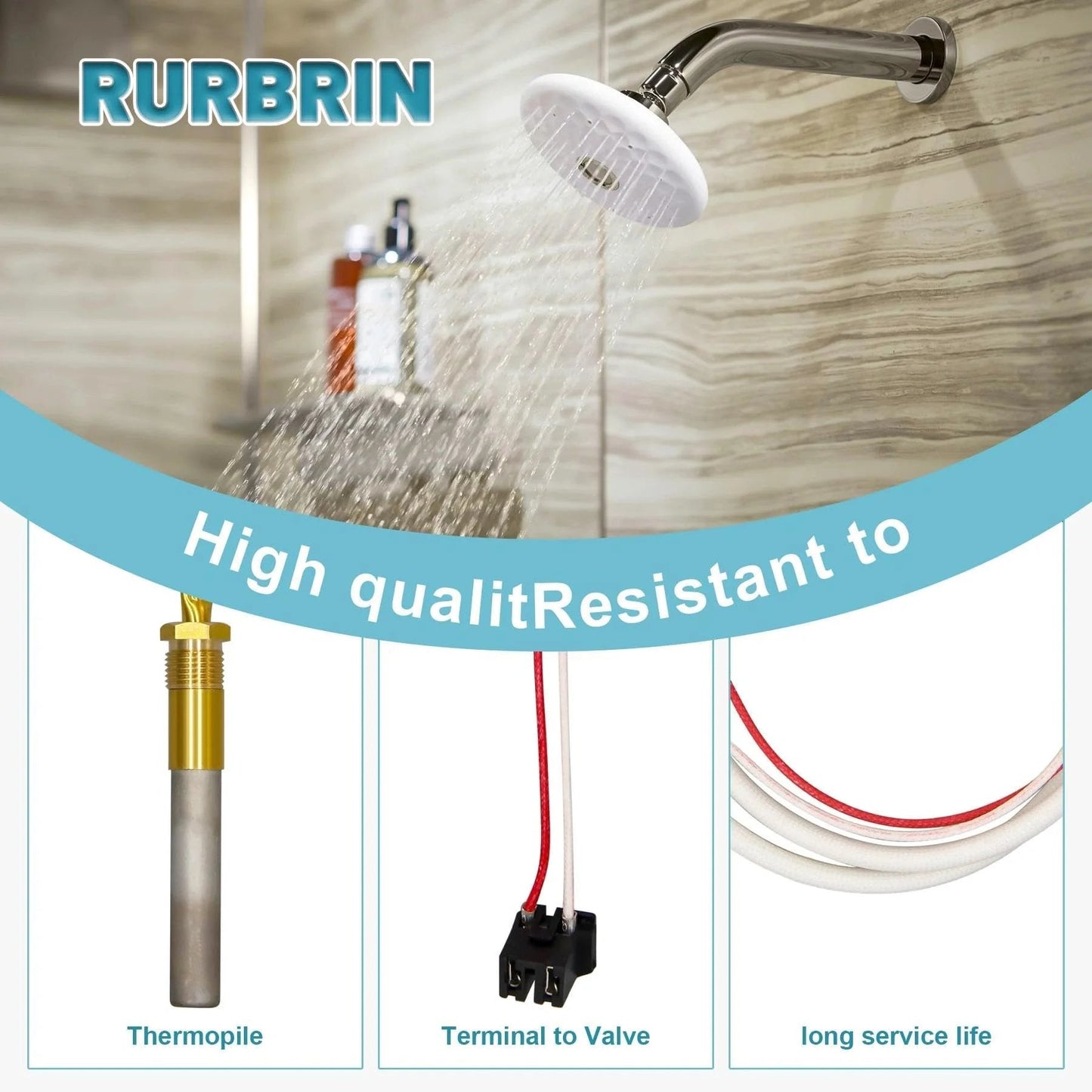 Thermopile Sensor SP20824 for Water Heaters compatible with Rheem Ruud Richmond, showing components and shower setting.