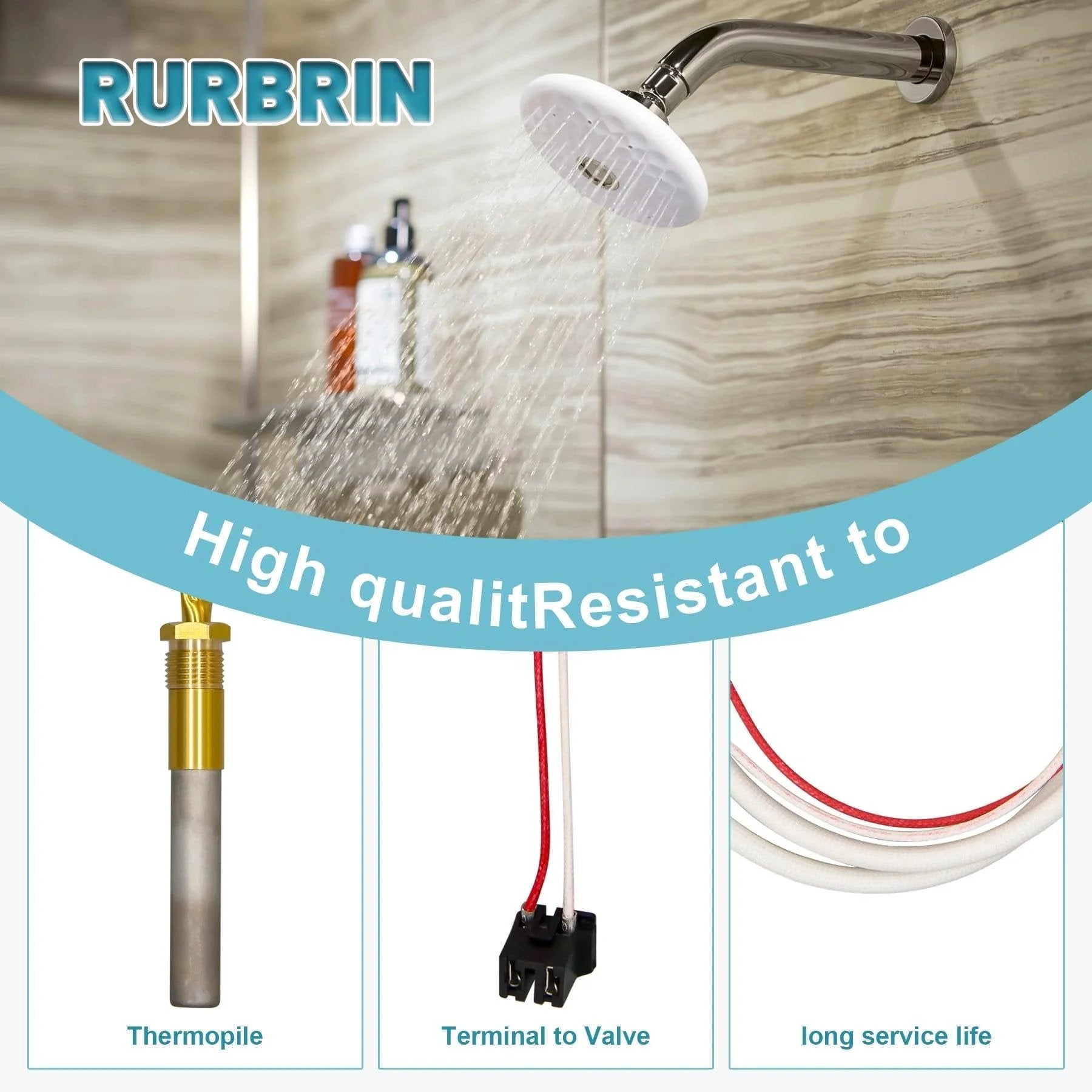 Thermopile Sensor SP20824 for Water Heaters compatible with Rheem Ruud Richmond, showing components and shower setting.