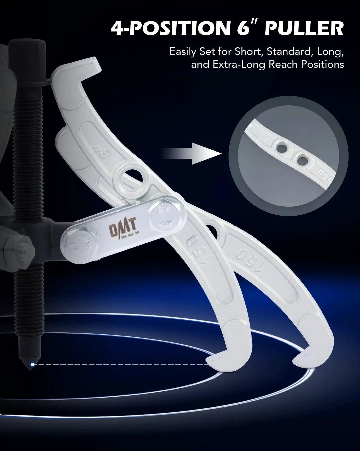 Three Jaw Gear And Bearing Puller Set With 3 Inch 4 Inch 6 Inch Sizes, showing 6-inch 4-position heavy duty puller with reversible jaws.