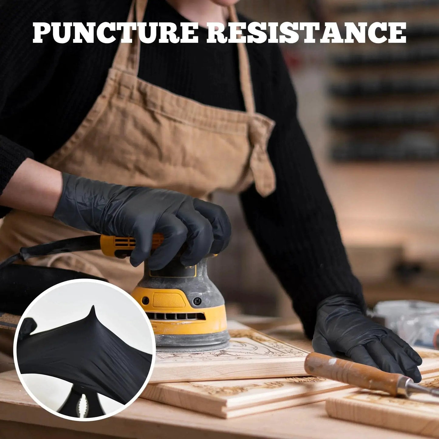 Heavy Duty Nitrile Exam Gloves 6 Mil Black XL 100 Count Latex Free For Food Prep worn during woodworking task