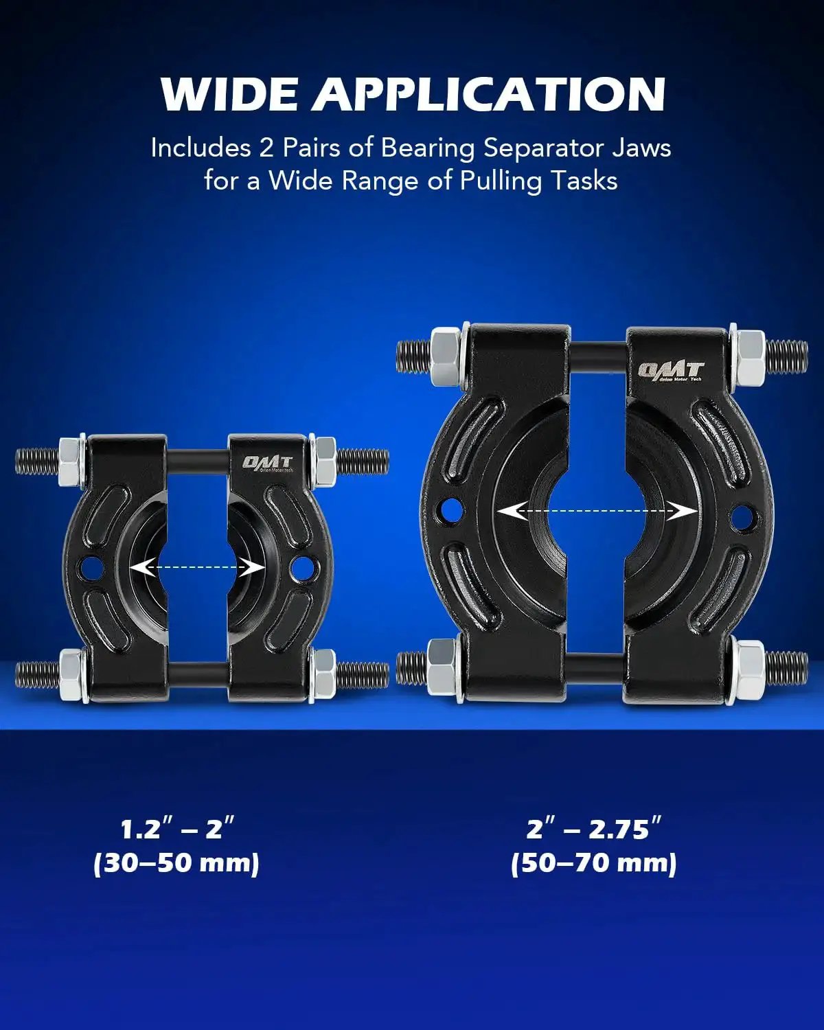 5 Ton Bearing Puller Set with Bearing Separator and Pinion Wheel Removal Kit displaying 1.2 to 2 inch and 2 to 2.75 inch jaws