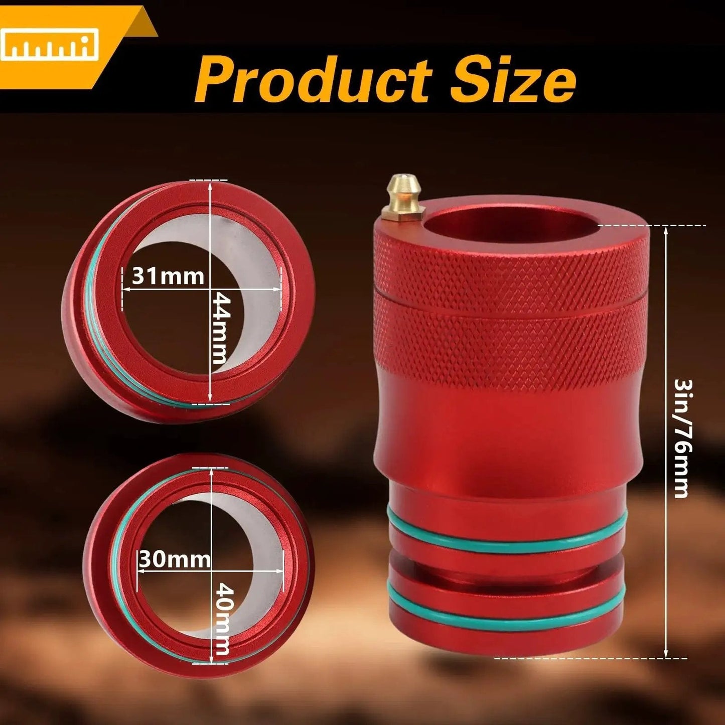 Upgraded 40mm and 44mm Wheel Bearing Greaser Tool With Storage Tube, aluminum construction, size details shown, compatible with Polaris.