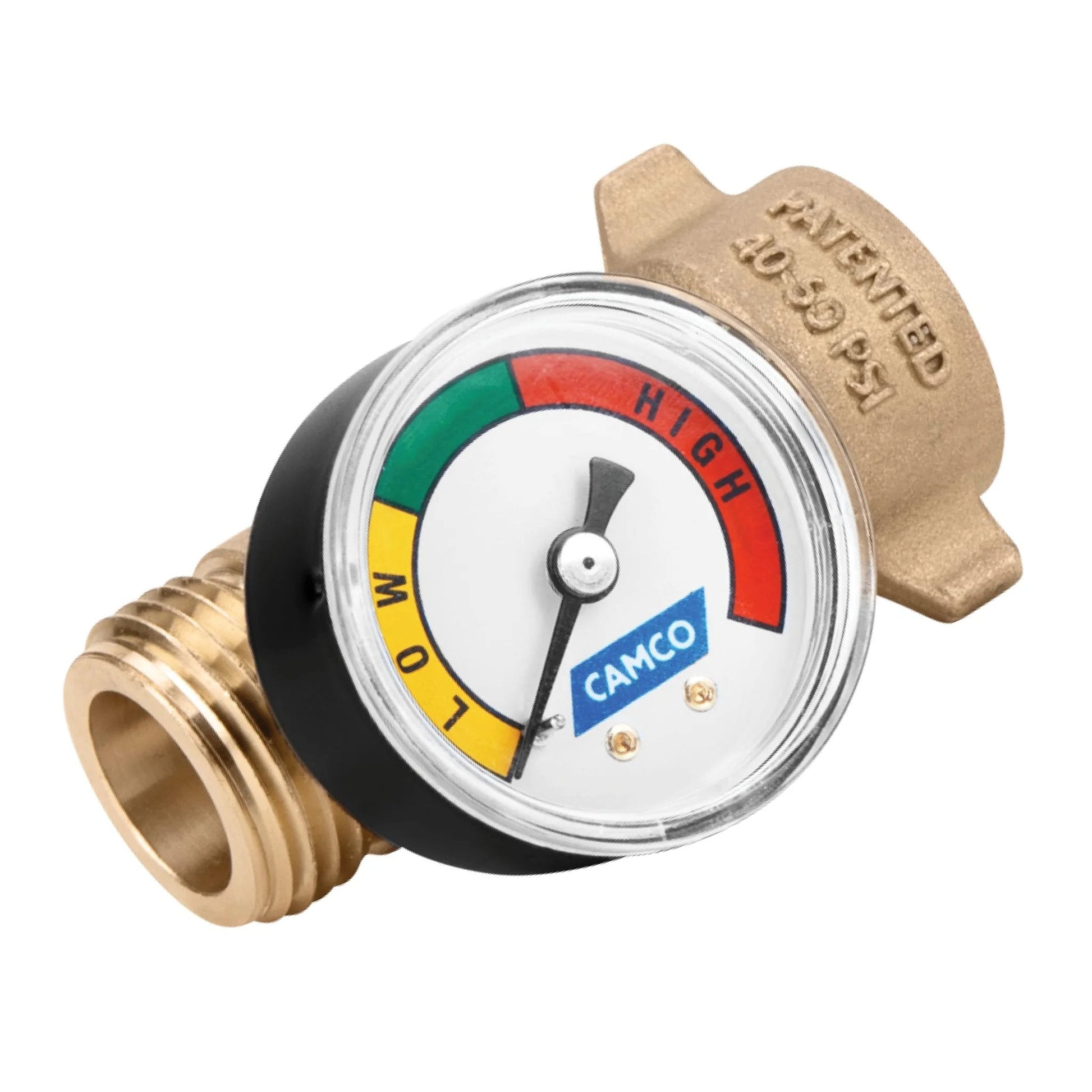 Brass Water Pressure Regulator With Gauge For RVs And Campers Easy Read Gauge Protects Hoses And Plumbing From High City Water Pressure Prevents Burst Pipes On The Road Camco, close-up view