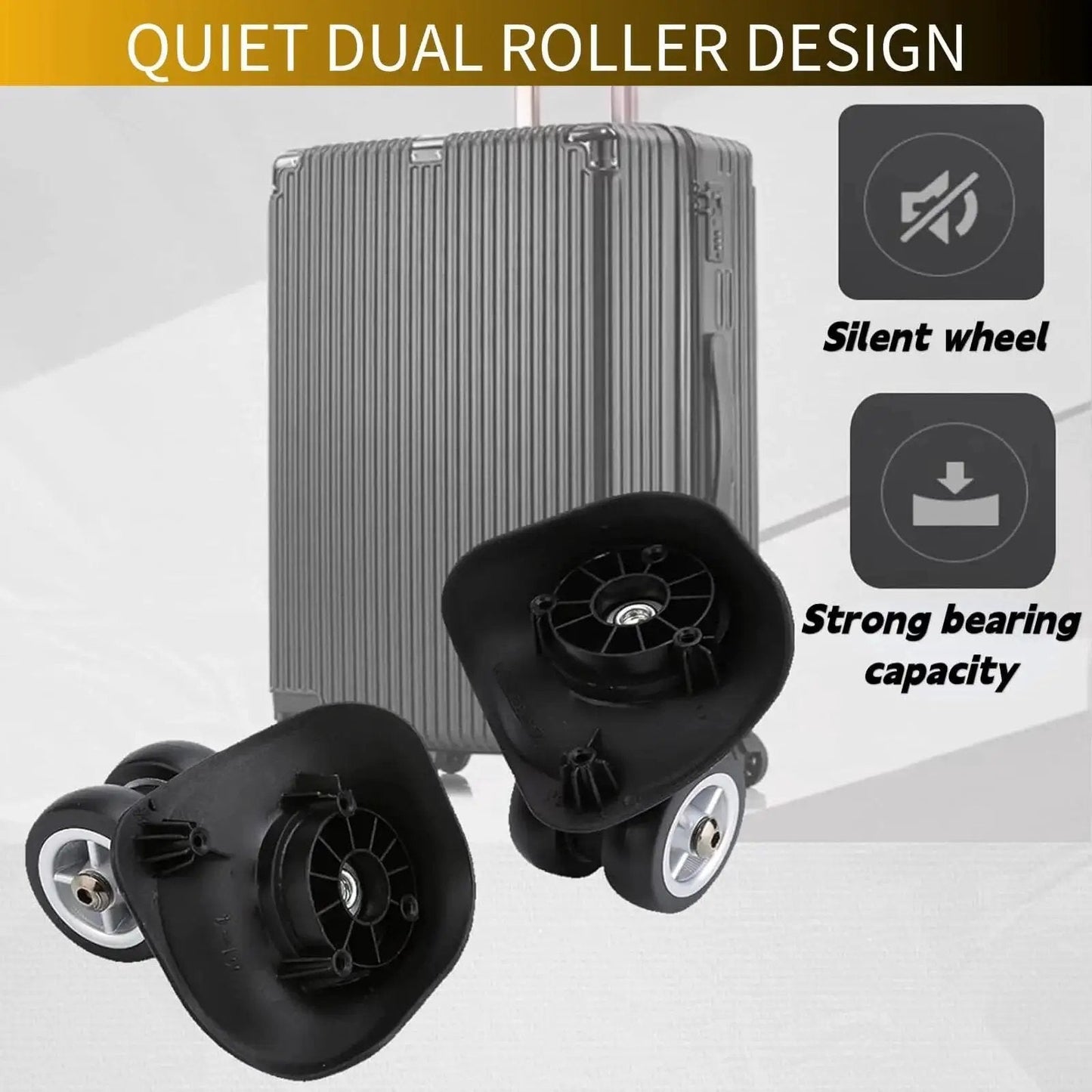 360 Degree Swivel PVC Suitcase Wheels Replacement Pair with Double Roller Bearings for Luggage Repair next to hard-shell suitcase