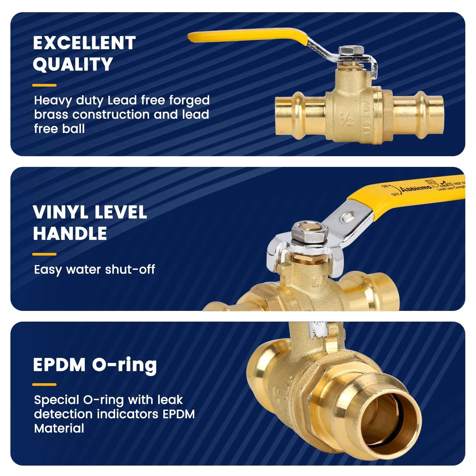 Three Quarter Inch ProPress Ball Valve Kit With EPDM O Ring For Copper Tubing Ten Pack Heavy Duty One Quarter Turn Full Port Shut Off Valves Low Break Torque 250 PSI Rated Press Connections ABBIEMO, showcasing brass valve, vinyl handle, and EPDM O-ring details.