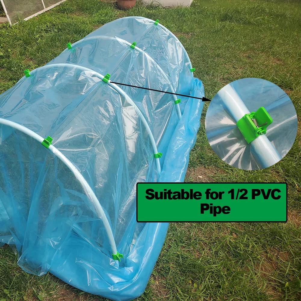 Greenhouse Clamps For Half Inch PVC Pipe Garden Net Fix Clips 30 Pack With Pro Grade Heavy Duty Stainless Steel Springs securing net on hoop.