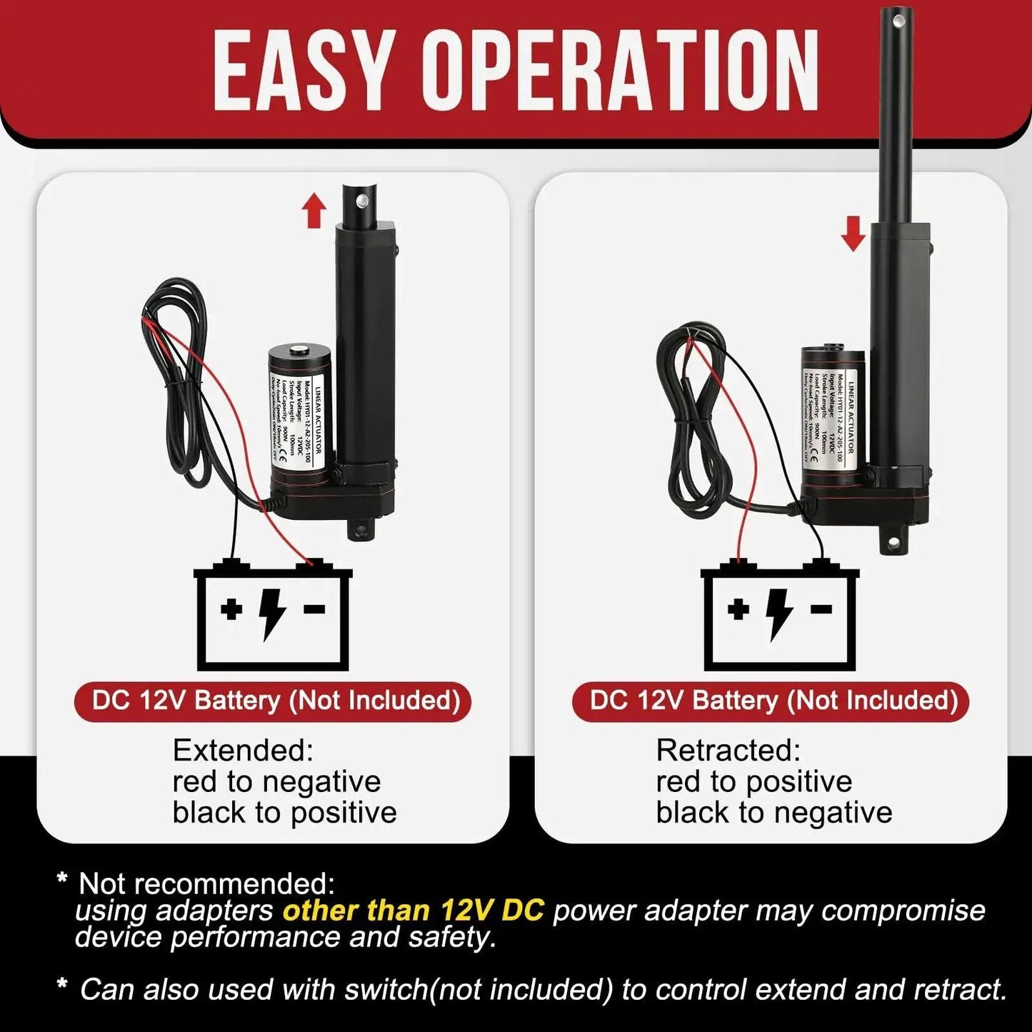 Beefy 12V Linear Actuator With 4 Inch Stroke And 202 Lb Load, IP54 Outdoor Rated, showing extended and retracted views
