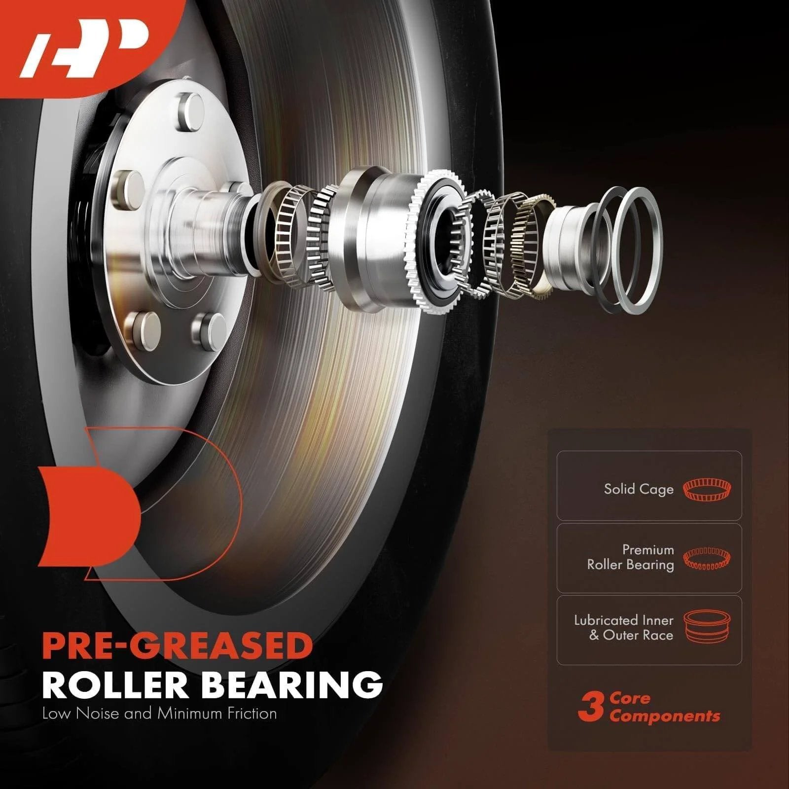 Exploded view of pre-greased roller bearing with components labeled for low noise and friction, part of 2 Pack Front Wheel Bearing and Hub Assembly for 4WD Chevy.
