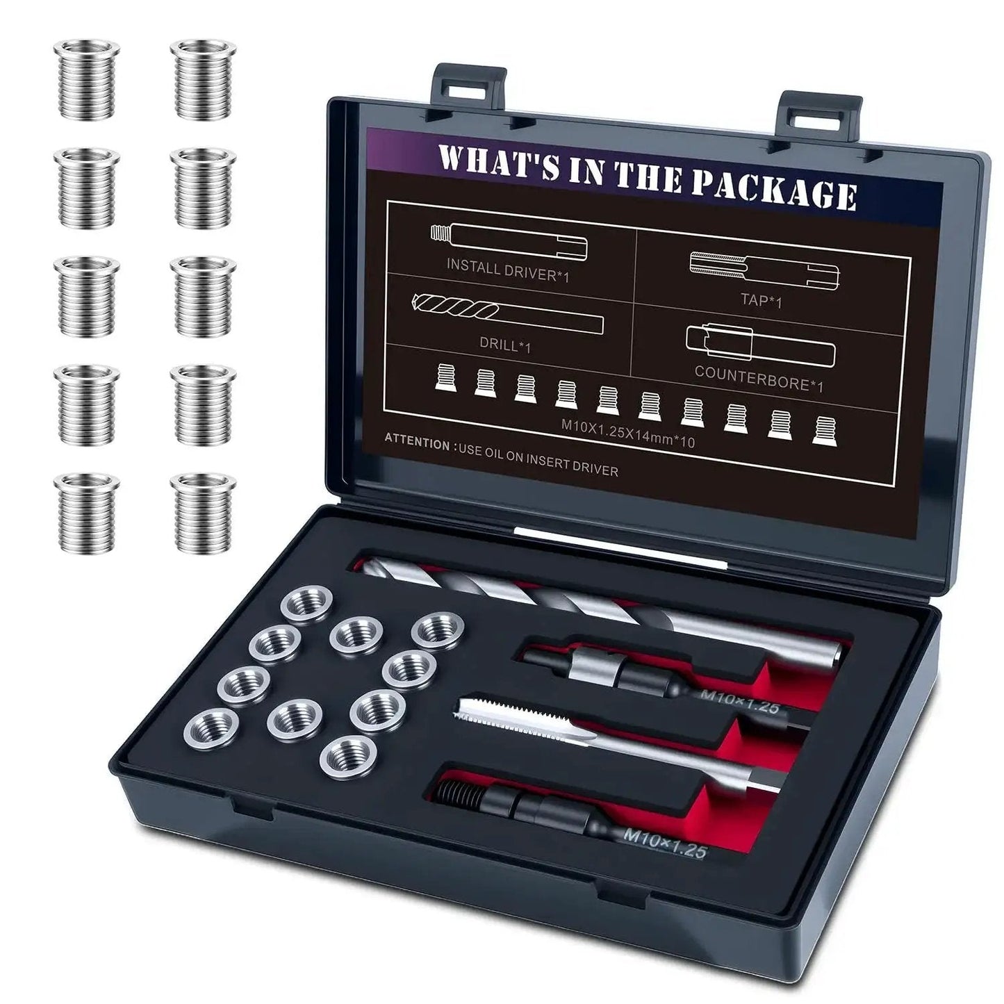 Pro Grade Stainless Steel M10x1.25 Thread Repair Kit With 14mm Inserts, 10 Pieces, Includes HSS Drill, Tap, Case Open