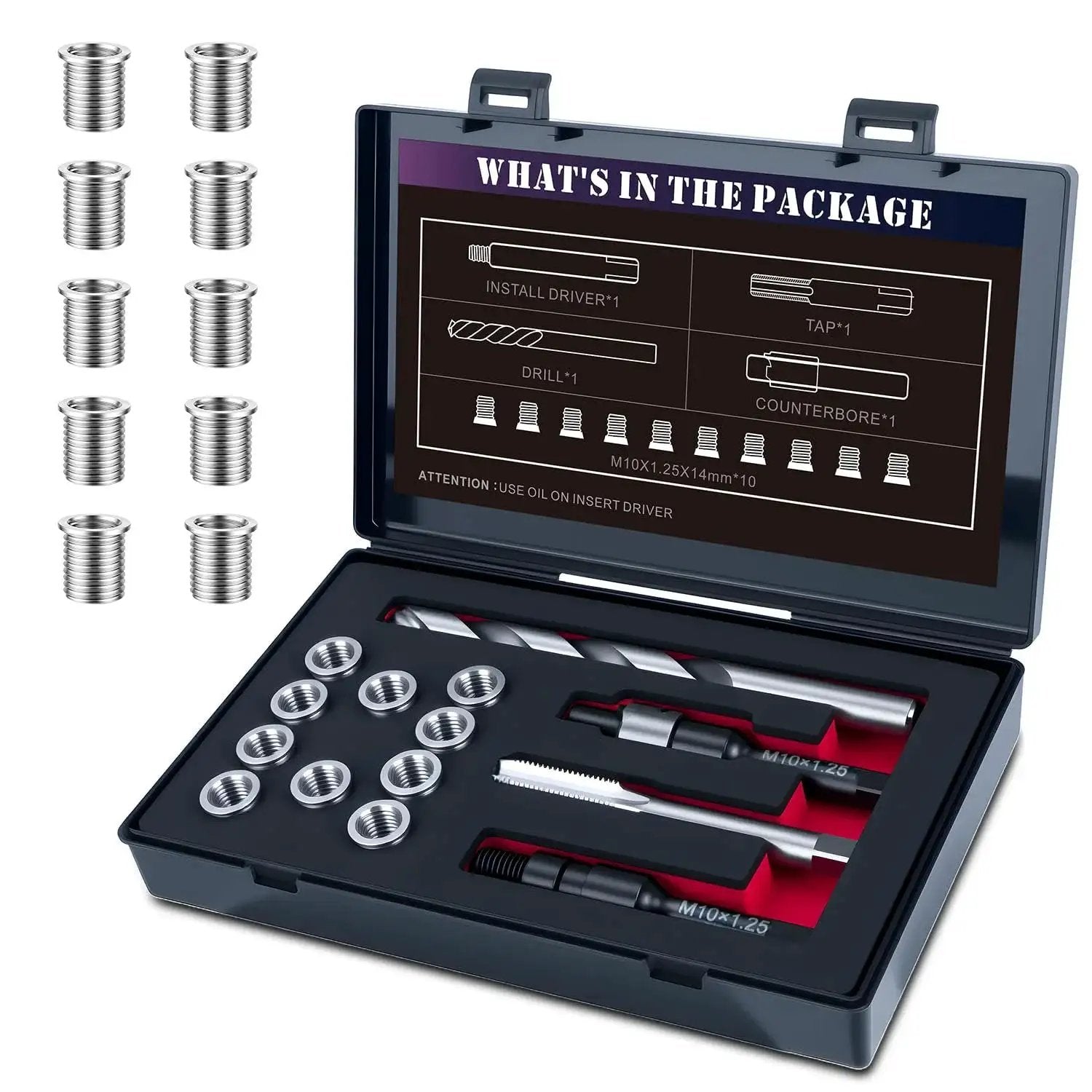 Pro Grade Stainless Steel M10x1.25 Thread Repair Kit With 14mm Inserts, 10 Pieces, Includes HSS Drill, Tap, Case Open