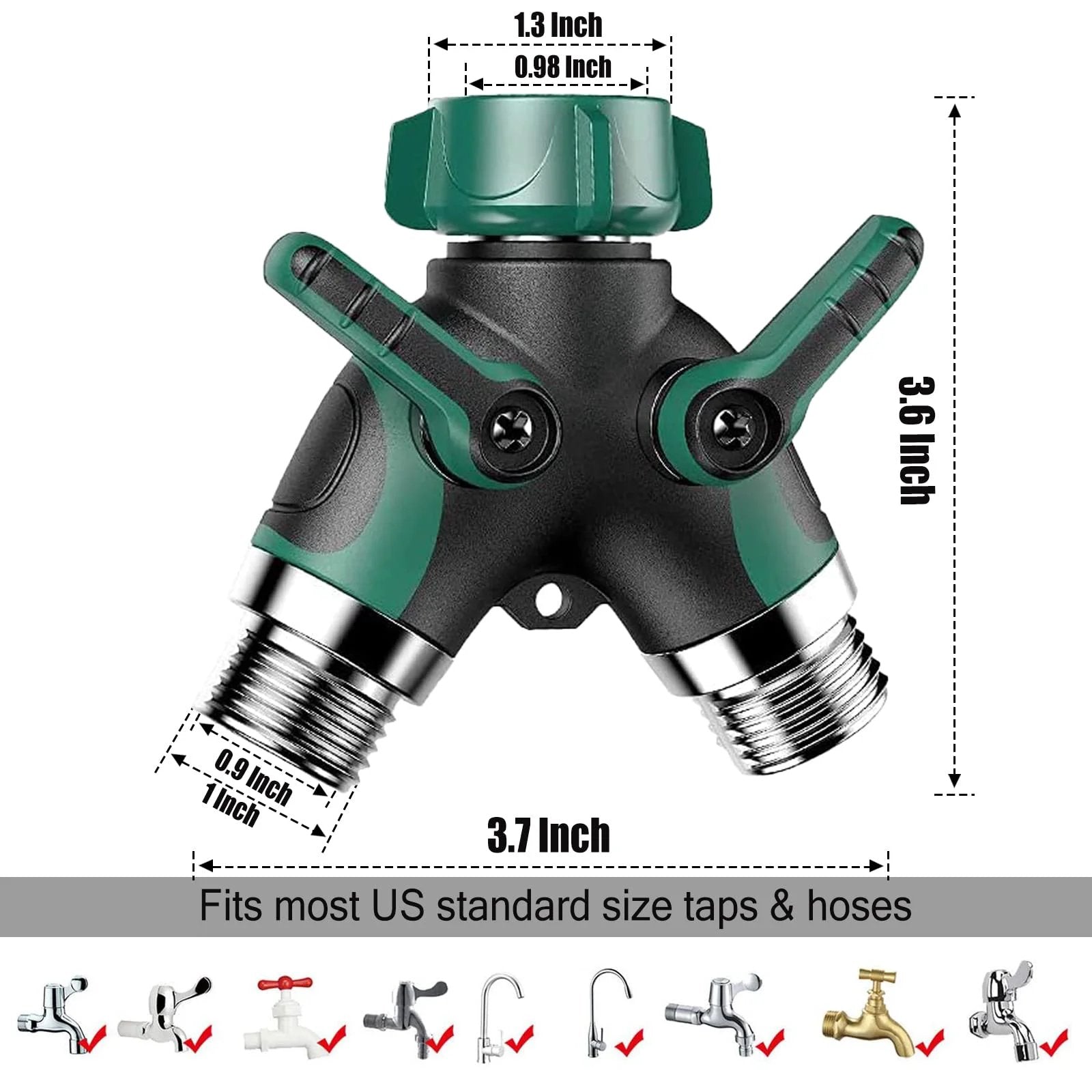 Garden Hose Splitter 2 Way With Long Handle Shut Off Valve Double Y Connector Faucet Splitter Hose Connector, size dimensions shown