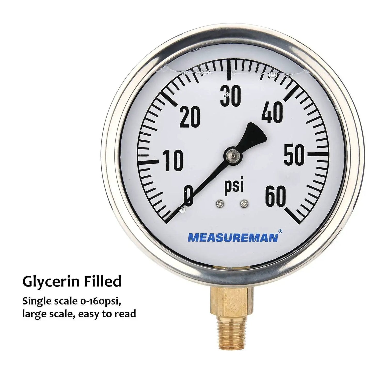 Glycerin Filled 4 Inch Dial Pressure Gauge For Plumbing 0 To 60 Psi With Stainless Steel Case Brass Wetted Parts One Quarter Inch Npt Lower Mount