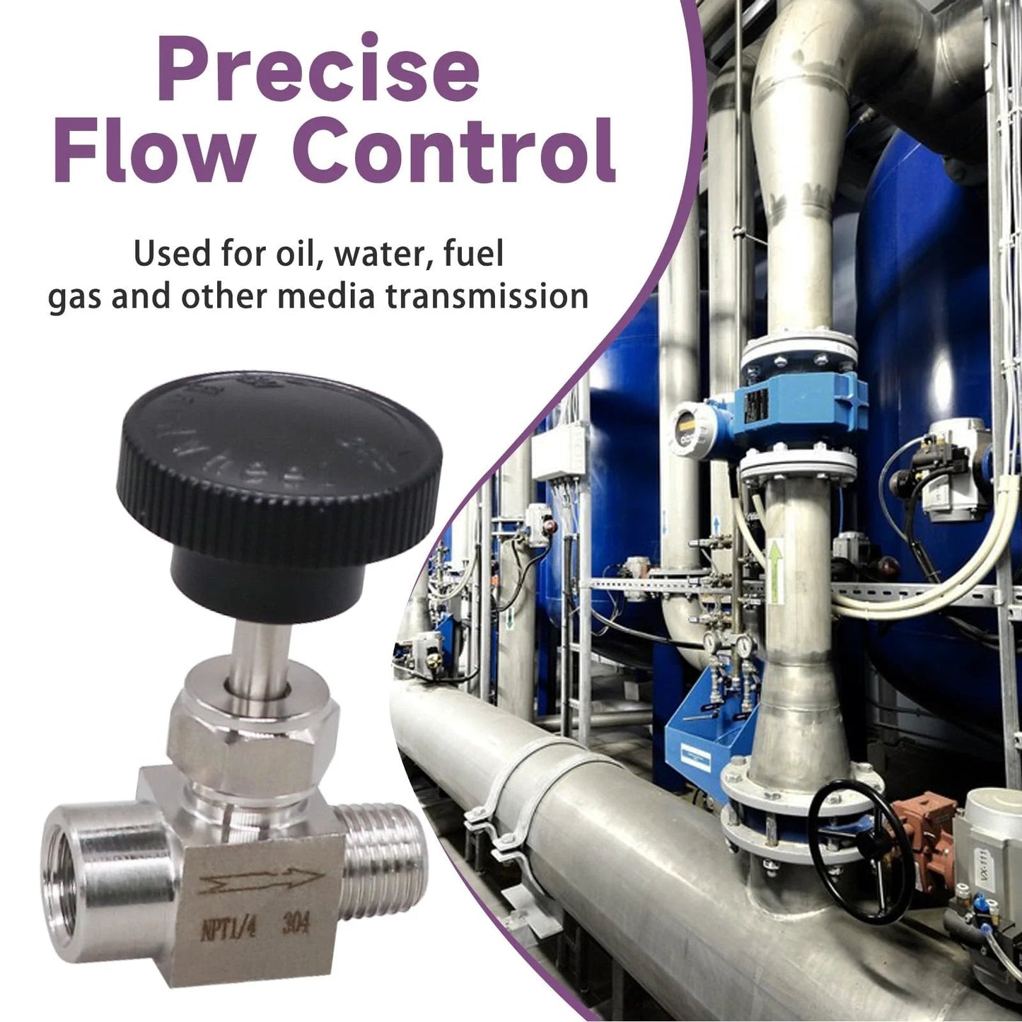 Stainless Steel Needle Valve 1/4 NPT Female to 1/4 NPT Male for Oil and Water, Precise Flow Regulation With 360 Degree Handwheel, Industrial Valve 304 Stainless Steel Body Napredak