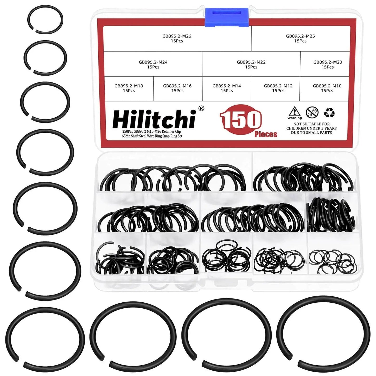 Precision 150Pcs Round Wire C Clips Set In 10 Sizes M10 To M26 GB8952 Retainer Clips Kit Black Internal Snap Rings With Storage Box