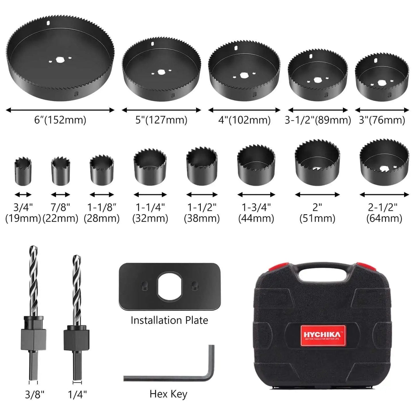 Ultimate 19 Piece Hole Saw Kit With 13 Blades Ranging From 19mm To 152mm Plus 2 Mandrels 2 Drill Bits Installation Plate And Hex Key
