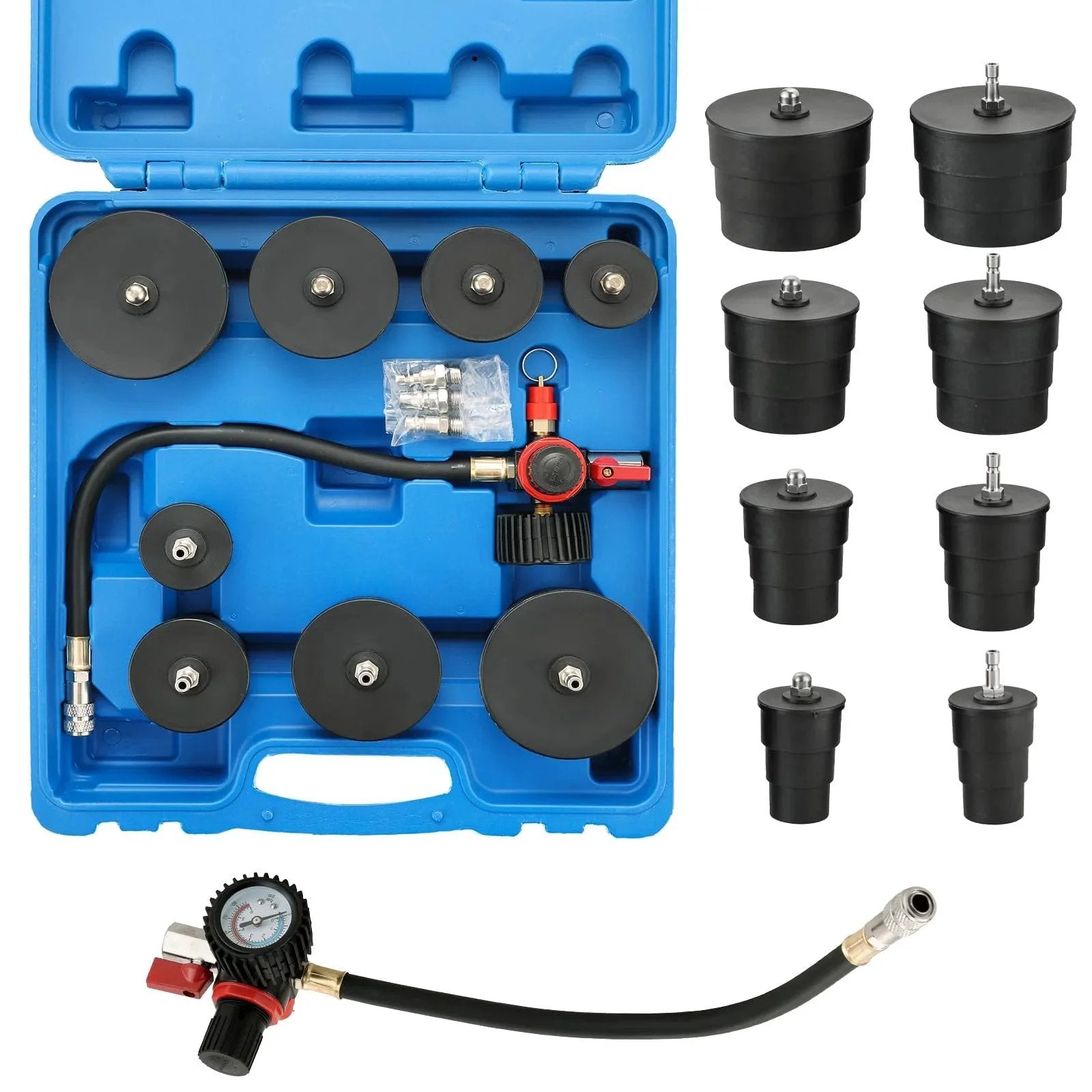 Turbo System Leakage Tester Kit DASBET with 4 stepped adapters, pressure gauge, and hoses for cooling emissions and exhaust pipes.