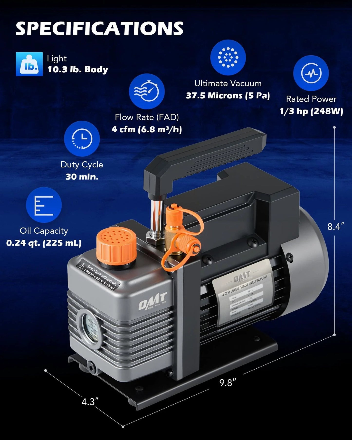 Garage-Ready Auto AC Vacuum Pump Kit With Gauge And Leak Detector, 1/3 HP, 4 CFM, side view showing specifications and features