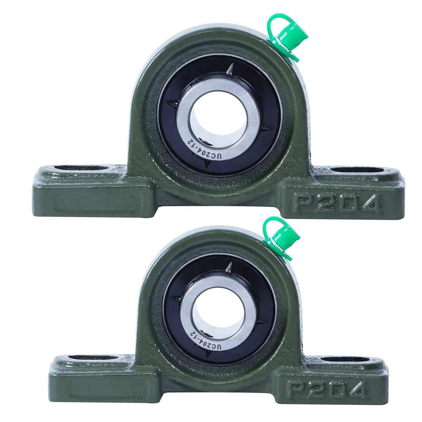 Front view of Heavy Duty And Tough As Nails Pillow Block Bearing For Three Quarter Inch Shafts And Two Hole Mount UCP204-12 Self Aligning Cast Iron Housing With Two Bolt Flange Mount And Three Quarter Inch Bore Set Screw Locking Grade Bearing Bracket By Donepart
