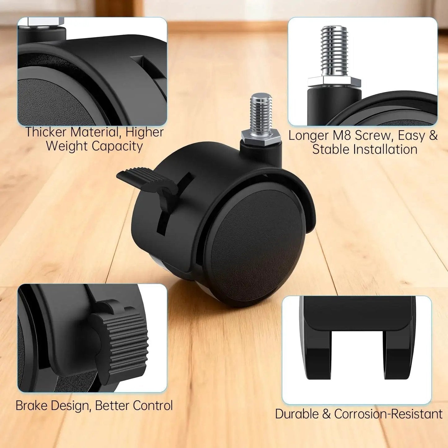 Four Pack Two Inch TV Stand Wheels With M8 Threaded Stem Swivel Casters With Locking Brakes Heavy Duty Nylon Replacement Wheels