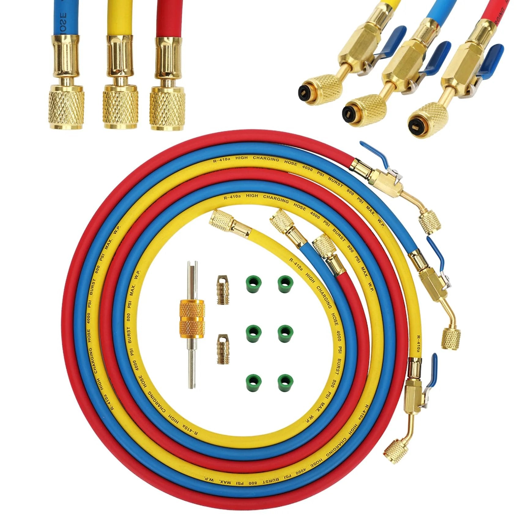 Three Piece 72 Inch Low Loss HVAC Refrigerant Hoses With Compact Ball Valve And Quarter Inch Flare Fittings Color Coded Yellow Red Blue