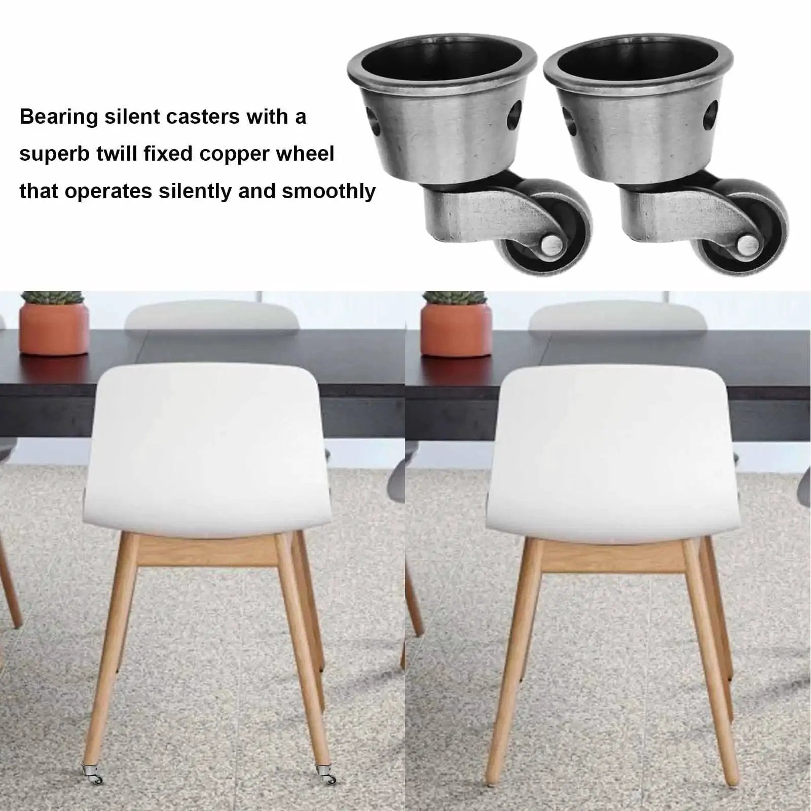 Two Pack Vintage Zinc Alloy Swivel Caster Wheels With Antique Green Bronze Finish under white chairs on carpet
