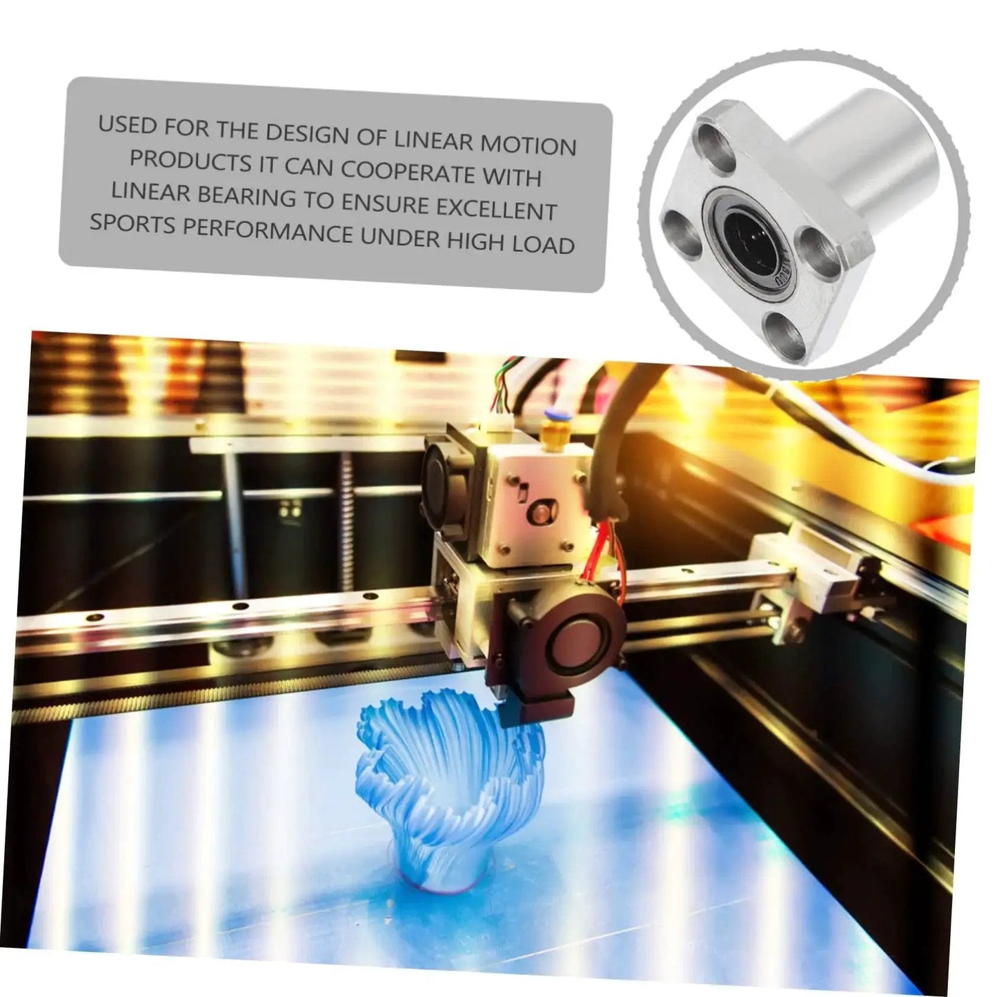 Two Pack Flange Linear Bearings for 3D Printers used in a 3D printer; Steel Circular Flange for precise motion under high load conditions.