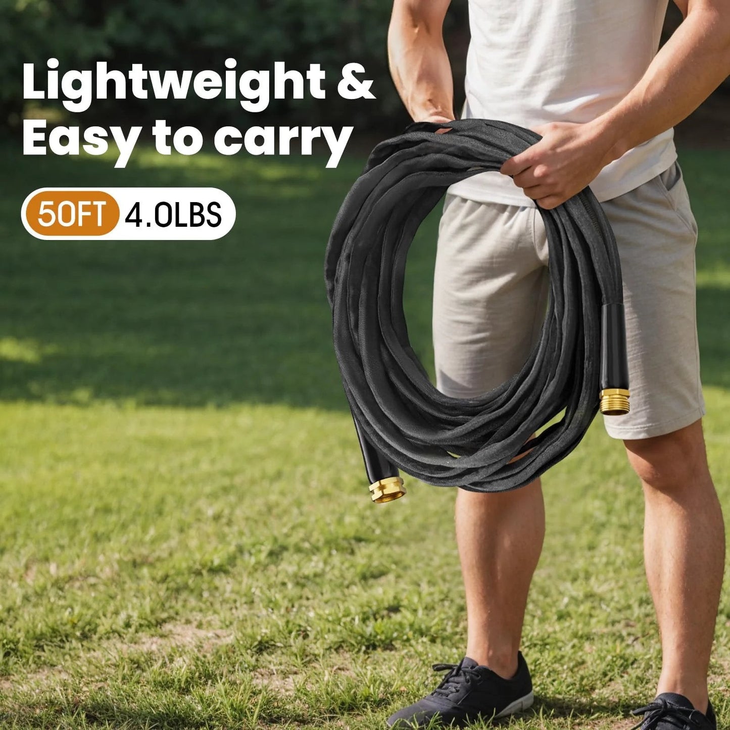 Person holding non-expandable 50 ft garden hose lightweight ultra flexible water hose with burst resistance lead free and no kink