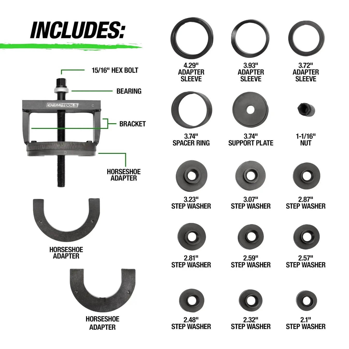 Parts included in Master Wheel Hub And Bearing Remover And Installer Kit For Front And Rear Bearings No Shop Press Needed