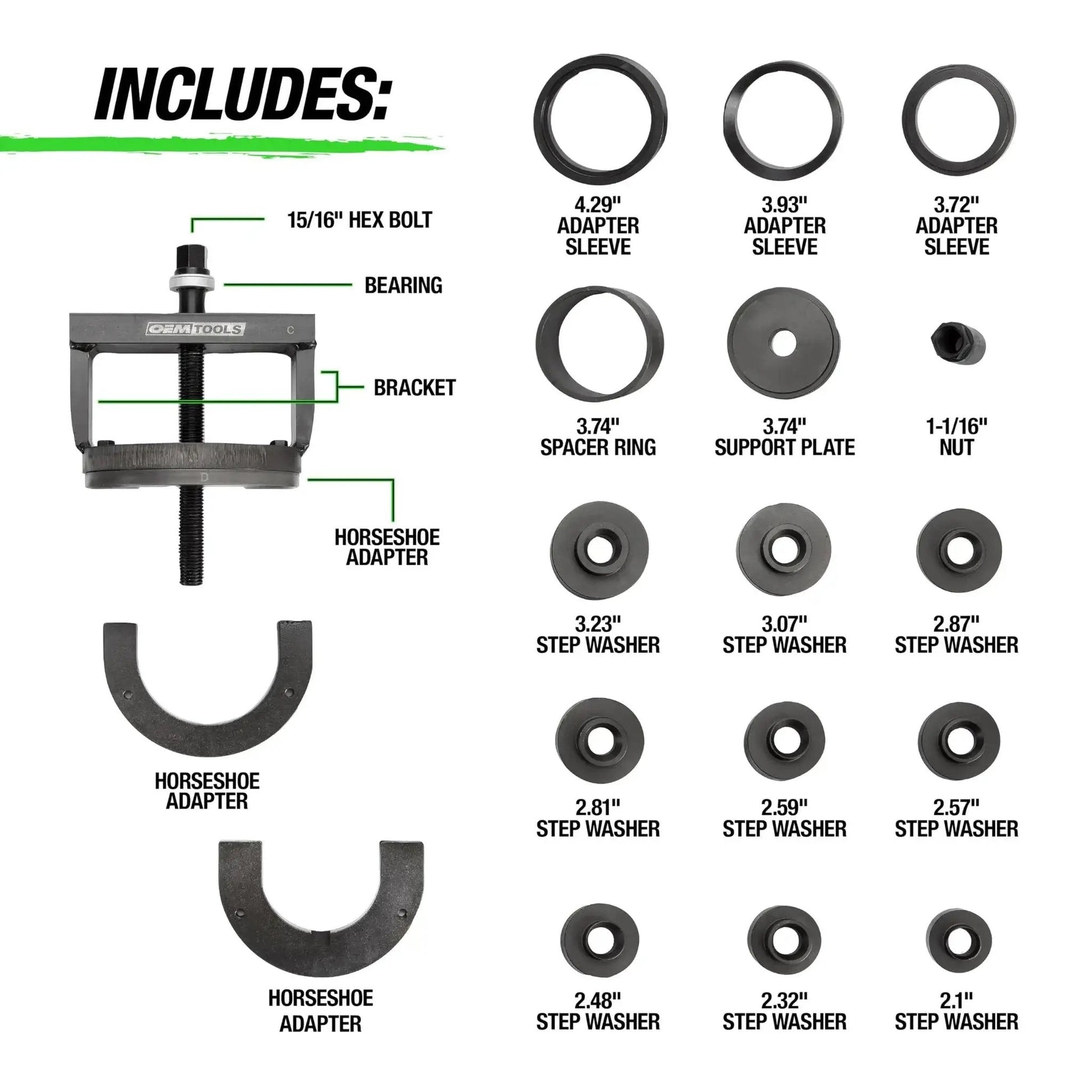 Parts included in Master Wheel Hub And Bearing Remover And Installer Kit For Front And Rear Bearings No Shop Press Needed