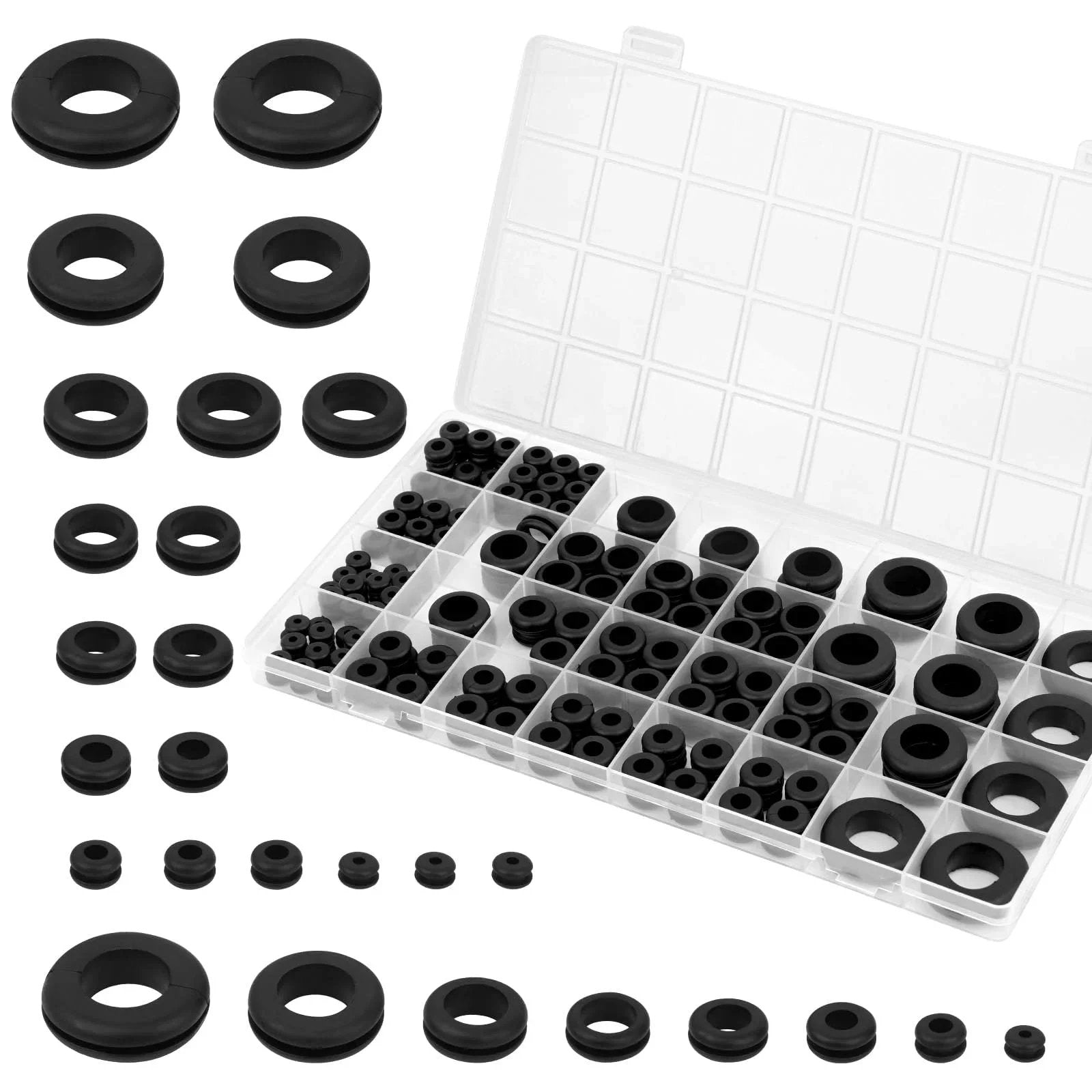200 Pcs Rubber Grommet Kit Eight Sizes Hollow Firewall Grommets Assortment For Wiring And Cord Management with storage box
