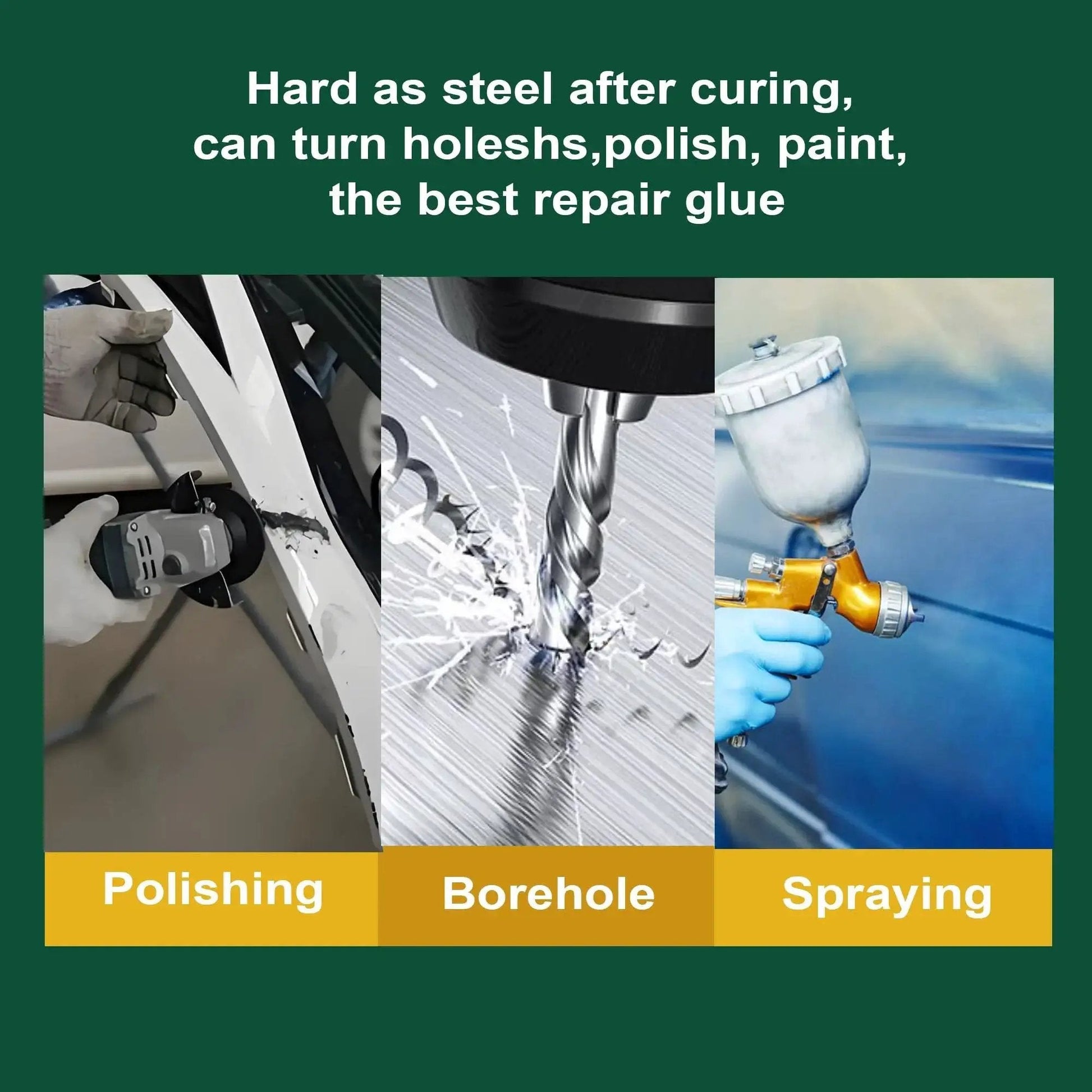 Polishing, borehole drilling, and spraying on metal surface using Heavy Duty Waterproof Metal Glue For Metal Repair And Bonding, High Strength Epoxy Adhesive For Metal Plastic Ceramic PVC And Fiberglass, Heat And Corrosion Resistant, Includes Mixing Syringe And Applicator, 1.76 Ounce Bottle.