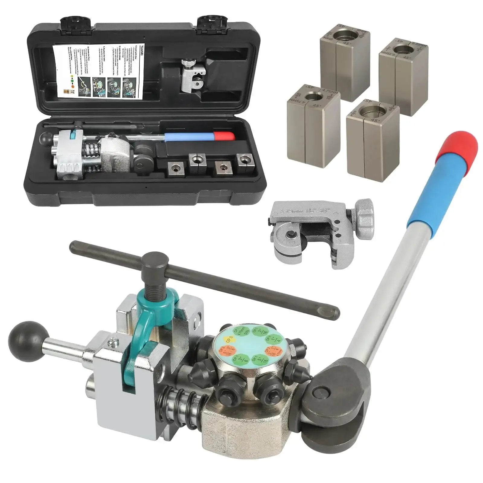 Brake Flare Tool Kit 45 Degree Single Bubble And Double Flare For 3/16 To 3/8 with case, dies, and handle.