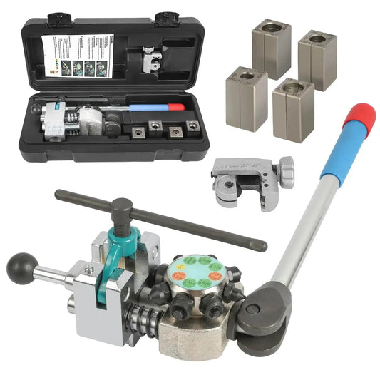 Brake Flare Tool Kit 45 Degree Single Bubble And Double Flare For 3/16 To 3/8 with case, dies, and handle.