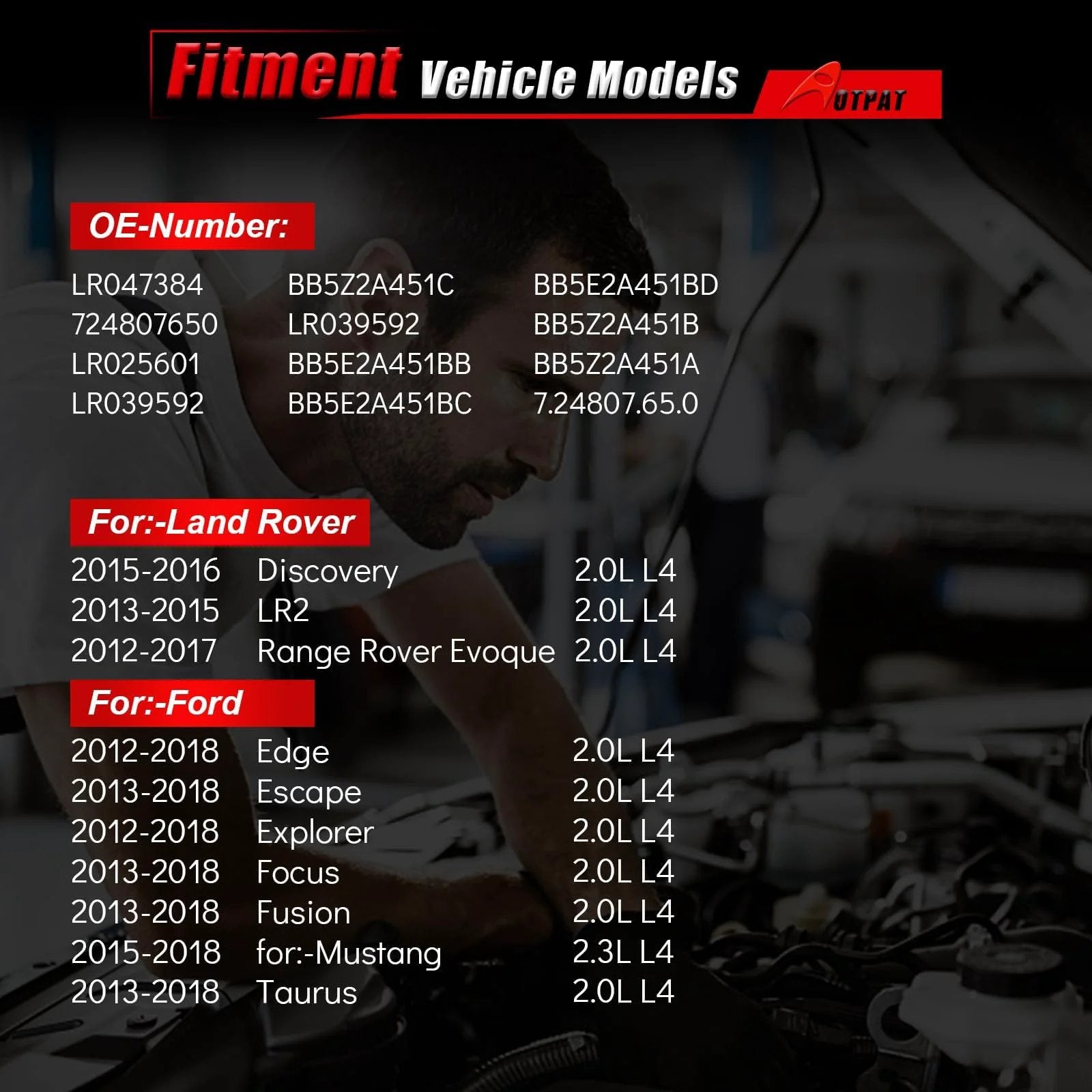 Mechanic working on engine, fitment guide for Vacuum Pump Compatible With Ford Fusion Edge Escape Explorer Focus Mustang Taurus Lincoln MKC Continental MKT And Land Rover LR2 2.0L EcoBoost 4 Cylinder 2012 2019 2013 2018 2015 2016 2017 Replacement OE LR047384