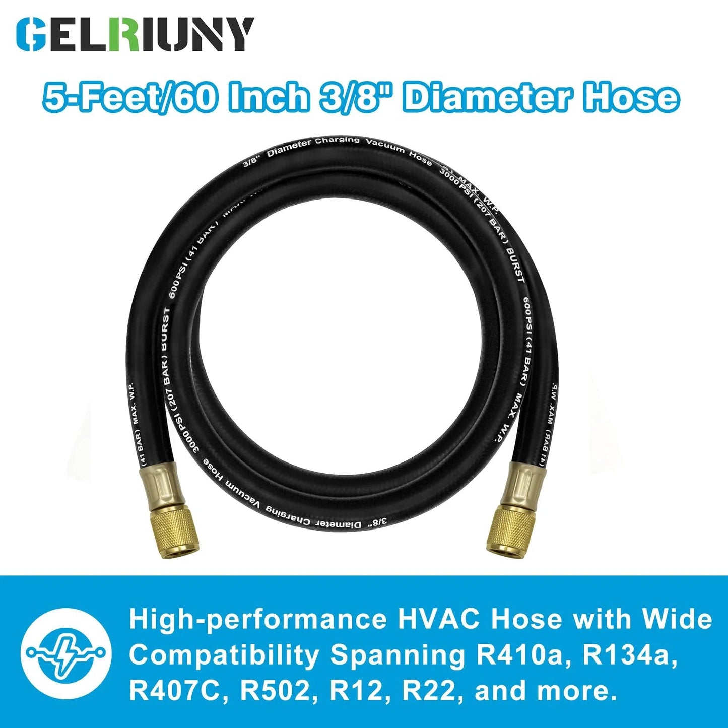 Upgraded 15660 Three Eighths Inch Heavy Duty Vacuum Hose For HVAC Systems Five Feet Long Includes Three Eighths Inch Fittings 600 PSI Working Pressure 3000 PSI Burst Compatible With Most Refrigeration And Air Conditioning Equipment
