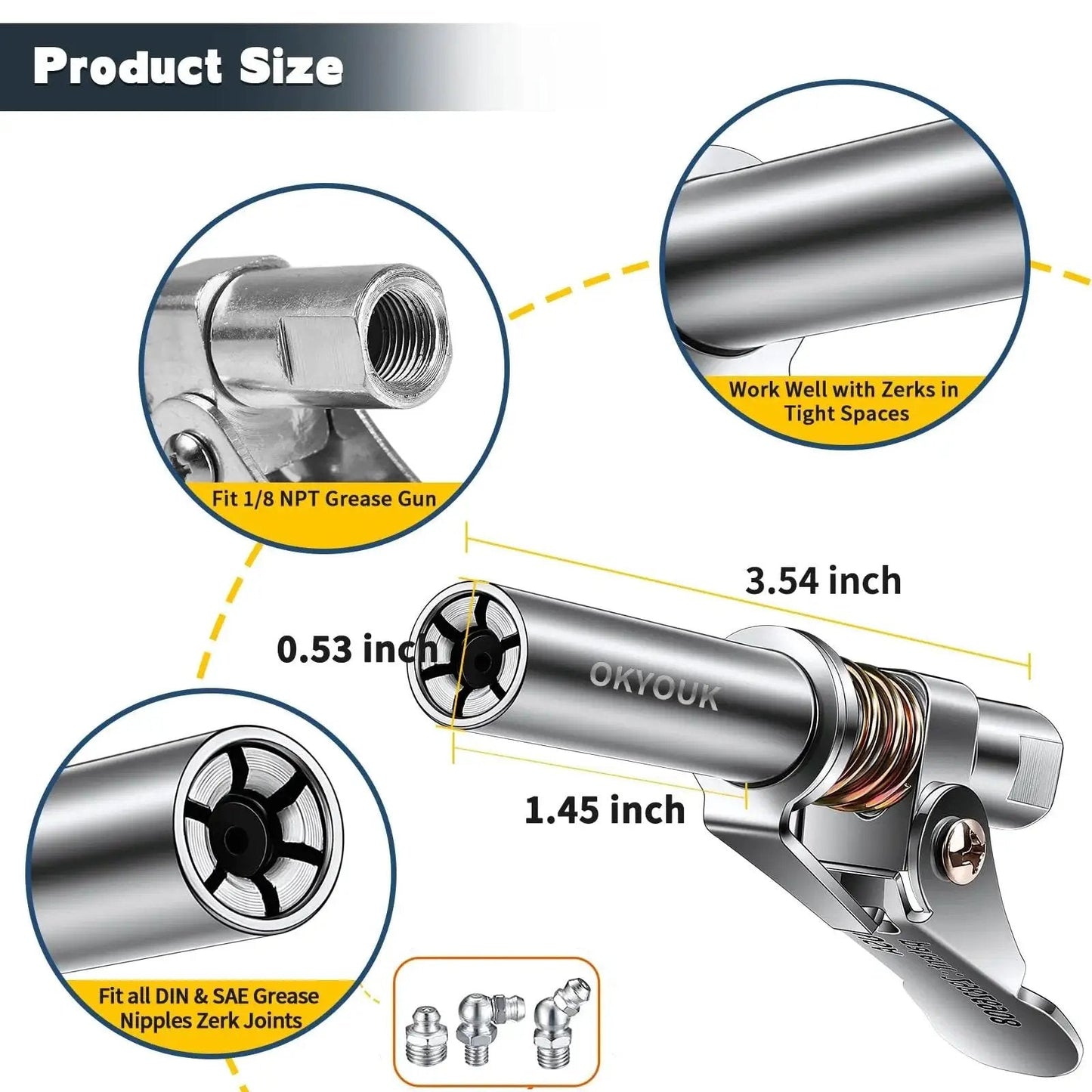 Diagram of Worlds Smallest Grease Gun Coupler For Tight Spaces With 0.53 Inch Diameter High Pressure Quick Release Tip Fits All 1/8 NPT Manual And Electric Grease Guns OKYOUK Recessed Zerks Compatible Durable Locking And Smooth Release, showing dimensions and features.