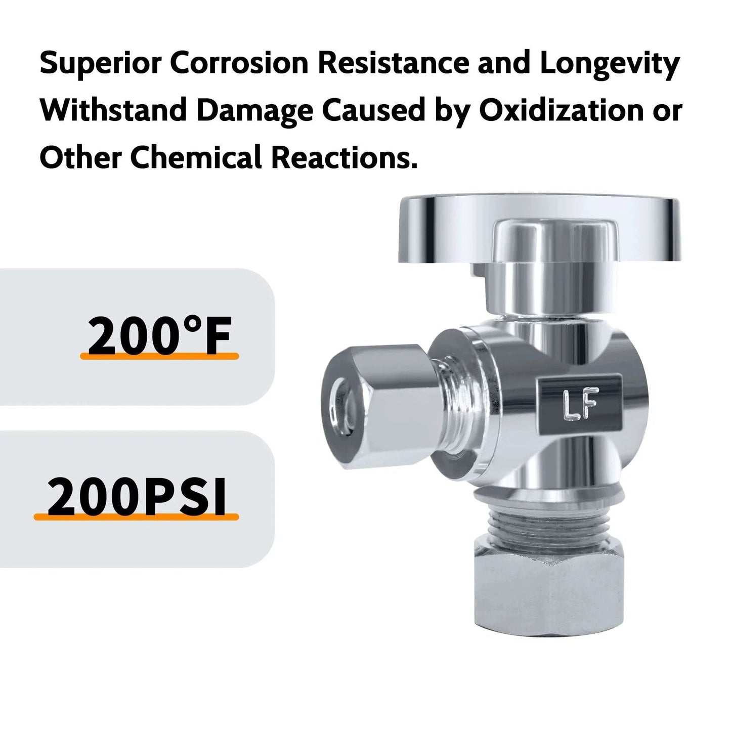 Five Pack Chrome Plated Brass Angle Stop Valves, One Half Inch NOM Compression and Three Eighths Inch OD Compression valve close-up.