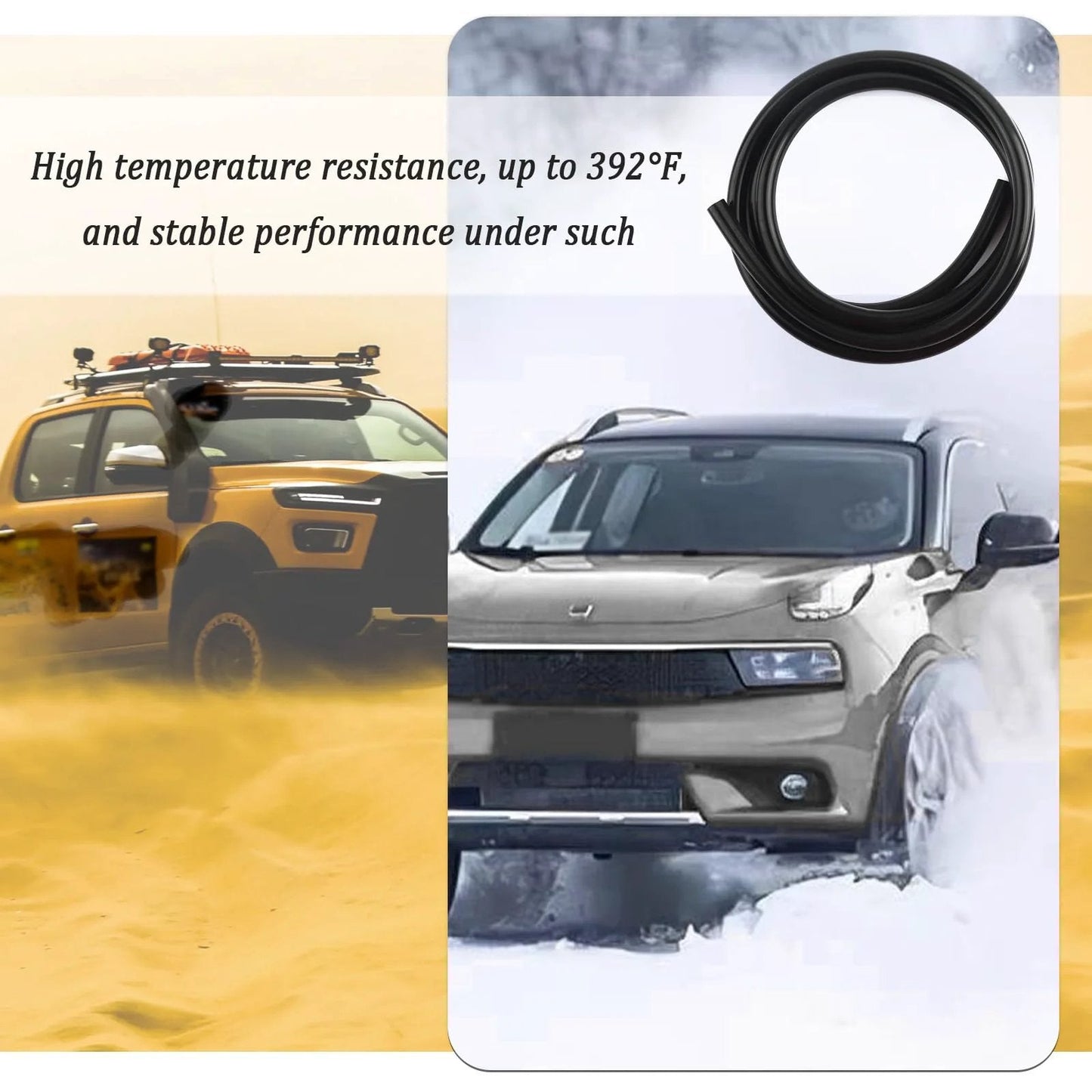 Six Piece 4.9 Ft Silicone Vacuum Hose Kit With Tube Cutter For Automotive Air And Water Lines, coiled in front of cars.