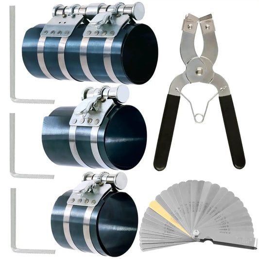 8Pcs Piston Ring Compressor Kit With Adjustable Installation Pliers And Wrench Pro Grade Includes 3 Inch 4 Inch And 6 Inch Compressors Stainless Steel Feeler Gauge Assortment For Car Engine Piston Installation And Removal, featuring tools and gauges.