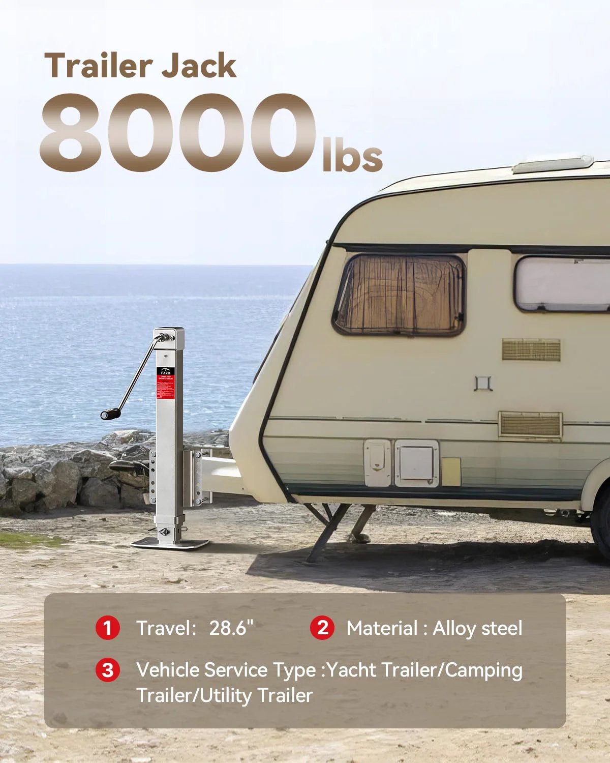 8000 lbs Heavy Duty Trailer Jack, 20-24V Cordless Drill Compatible, 28.6" lift installed on RV next to the sea